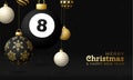 Billiard Christmas card. Merry Christmas sport greeting card. Hang on a thread billiard ball as a xmas ball and golden bauble on Royalty Free Stock Photo