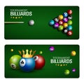 Billiard club game banner template. Billiard pool green table design. Sport flyer ball tournament poolroom Royalty Free Stock Photo