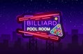 Billiard club neon sign. Billiard pool room Design template Bright neon emblem, logo for Billiard Club, Bar, Tournament