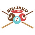 Billiard club vector label template of crossed pool cues and balls Royalty Free Stock Photo