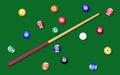 Billiard cue and pool balls on green table. Billiard balls and pool stick for game on green table, top view. Vector illustration Royalty Free Stock Photo