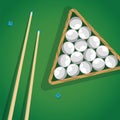 Billiard cue and pool balls in triangle on green table while game. Biliard balls, triangle and pool stick for game on Royalty Free Stock Photo