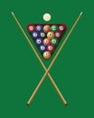 Billiard cue and pool balls on green table Royalty Free Stock Photo