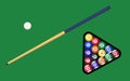 Billiard cue and pool balls in triangle on green table. Billiard balls, triangle and pool stick for game on green table top view. Royalty Free Stock Photo