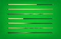 Billiard cues on green background. Snooker sports equipment. Vintage pool cue. Vector