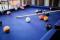 Billiard cues and multicolored pool balls on blue billiard table Royalty Free Stock Photo