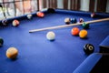 Billiard cues and multicolored pool balls on blue billiard table