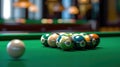 Billiard game, Billiard balls in a green pool table Royalty Free Stock Photo