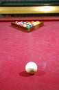 Billiard game table with balls and cue