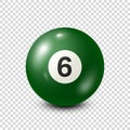 Billiard,green pool ball with number 6.Snooker. Transparent background.Vector illustration.