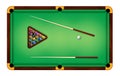 Billiard green table top view with balls and cue sticks. Realistic american pool game felt field for gamble sport