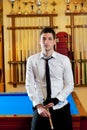 Billiard handsome young man with shirt cue and tie Royalty Free Stock Photo