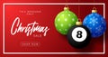 Billiard Merry Christmas and Happy New Year luxury Sports greeting card. pool 8 ball as a Christmas ball on background. Vector