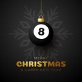 Billiard Merry Christmas and Happy New Year luxury Sports greeting card. pool 8 ball as a Christmas ball on background. Vector Royalty Free Stock Photo