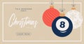 Billiard Merry Christmas sale horizontal banner. Christmas card with sport billiard eight ball hang on a thread on background.