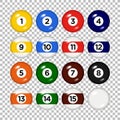 Billiard, pool balls with numbers collection. 3d objects Realistic glossy snooker ball. transparent background. Vector Royalty Free Stock Photo