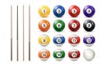 Billiard, pool balls with numbers and cues collection. Realistic glossy snooker, lottery ball isolated on white background. Vector Royalty Free Stock Photo