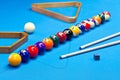 Billiard pool game balls lined up on billiard table Royalty Free Stock Photo