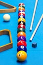 Billiard pool game balls lined up on billiard table Royalty Free Stock Photo