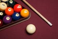 Billiard pool table with cue stick triangle and balls Royalty Free Stock Photo