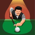 Billiard professional player. Man pose to shot white ball scene concept in cartoon illustration vector