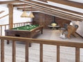 Billiard room in the attic with sitting area and fireplace. Royalty Free Stock Photo