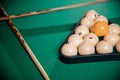 Billiard Russian green wood table and cue with white balls