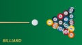 Billiard or snoker background. Good design template for banner, card, flyer. Pool table, balls and cue stick Royalty Free Stock Photo