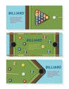 Billiard or snoker background. Good design template for banner, card, flyer. Pool table, balls and cue stick Royalty Free Stock Photo