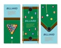 Billiard or snoker background. Good design template for banner, card, flyer. Pool table, balls and cue stick Royalty Free Stock Photo