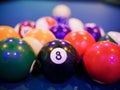 Billiard snooker black ball number 8 pyramid close up