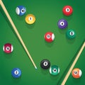 Billiard stick and pool balls on green billiard table game. Pool balls and cue for pool game on green table top view. Royalty Free Stock Photo