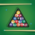 Billiard stick and pool balls in triangle on green table for game. Biliard balls, triangle and cue for game on green Royalty Free Stock Photo