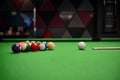 Billiard table with balls and cue