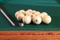 Billiard table with balls, cue, triangle. Green cloth. Playing billiard and pool. Ruusian billiard Royalty Free Stock Photo