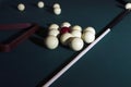 Billiard table with balls, cue, triangle. Green cloth. Playing billiard and pool. Ruusian billiard Royalty Free Stock Photo