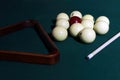 Billiard table with balls, cue, triangle. Green cloth. Playing billiard and pool. Ruusian billiard Royalty Free Stock Photo