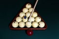 Billiard table with balls, cue, triangle. Green cloth. Playing billiard and pool. Ruusian billiard Royalty Free Stock Photo