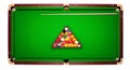 Billiard Table with Balls in Triangle Rack and Cue Stick Overhead on Green Felt Surface Overhead Royalty Free Stock Photo