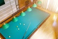 Billiard table close up. Playing billiard. Billiards balls and cue on green billiards table. Billiard sport concept. Pool billiard Royalty Free Stock Photo