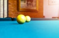 Billiard table close up. Playing billiard. Billiards balls and cue on green billiards table. Billiard sport concept. Pool billiard Royalty Free Stock Photo