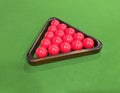 Billiard table close up. Playing billiard. Billiards balls and cue on green billiards table. Billiard sport concept. Pool billiard Royalty Free Stock Photo