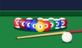 Billiard table with cue and gaming balls. Billiard room. Snooker or pool sport play, banner template. Vector illustration Royalty Free Stock Photo