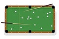 Billiard table, cue and pool balls for game. Billiard table with white balls and two cua top view.