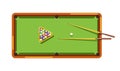 Billiard table with green field, wooden cues and colorful balls