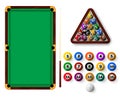 Billiard table with pockets, balls, triangle rack and cue. Realistic snooker sport equipment, green pool table top view