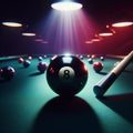 Billiard table set with cue and ball, evoking the thrill of a dynamic game. The sleek surface plays with light