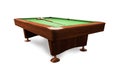 Billiard table with wooden cues, rack and balls on white background Royalty Free Stock Photo