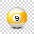 Billiard,yellow pool ball with number 9.Snooker. Transparent background.Vector illustration.