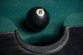 Billiards balls and cue on billiards table. Billiard sport concept